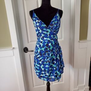 Aqua, blue splatter print cross front, spaghetti strap wrap dress